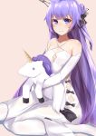  1girl absurdres ahoge azur_lane bare_shoulders blush breasts cleavage commentary_request doll_hug dress elbow_gloves gloves hair_bun hair_ribbon highres long_hair looking_at_viewer medium_breasts nanakaku one_side_up purple_hair ribbon side_bun simple_background sitting smile solo stuffed_animal stuffed_pegasus stuffed_toy stuffed_unicorn unicorn_(azur_lane) violet_eyes wariza white_dress white_gloves white_legwear 