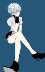  androgynous antarcticite black_gloves black_neckwear blue_background blue_eyes blue_hair chin_rest closed_mouth collared_shirt eyebrows_visible_through_hair full_body gloves grey_shirt grey_shorts hair_between_eyes high_heels highres houseki_no_kuni legs_crossed looking_at_viewer monsieur necktie puffy_short_sleeves puffy_sleeves shiny shiny_hair shirt short_hair short_sleeves shorts simple_background sitting solo wing_collar 