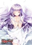 1girl ahoge angel_wings bangs blush closed_eyes copyright_name cowboy_shot dress eyebrows_visible_through_hair facing_viewer feathered_wings hands_clasped interlocked_fingers long_hair mvv official_art own_hands_together parted_lips purple_hair simple_background solo watermark web_address white_background white_dress wings zhan_ji_tian_xia 