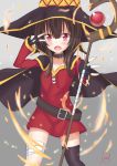  bandage bandaged_leg belt black_gloves black_legwear cape collar dress fingerless_gloves gloves hat holding holding_staff kono_subarashii_sekai_ni_shukufuku_wo! megumin mismatched_legwear red_dress red_eyes short_hair_with_long_locks single_thighhigh staff thigh-highs unel1211 witch_hat 