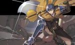  1boy armor axe blue_eyes blue_hair cape cosplay fire_emblem fire_emblem:_souen_no_kiseki fire_emblem_heroes gloves greil greil_(cosplay) headband ike male_focus short_hair solo weapon 