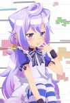  1boy absurdres blush eyebrows_visible_through_hair hacka_doll hacka_doll_3 highres kukie-nyan long_hair looking_at_viewer open_mouth purple_hair purple_legwear short_sleeves solo striped striped_legwear thigh-highs trap violet_eyes white_legwear yawning 