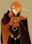 1boy 31sgic armor blonde_hair bracelet brown_background cape circlet copyright_name fire_emblem fire_emblem_echoes:_mou_hitori_no_eiyuuou hair_over_one_eye jewelry long_hair low_ponytail luthier_(fire_emblem) male_focus multicolored_hair orange_hair simple_background solo two-tone_hair upper_body 