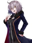 1girl ahoge black_dress blue_cape breasts cape chains cleavage dress eyebrows_visible_through_hair fate/grand_order fate_(series) fur_trim hair_between_eyes hand_on_hip highres jeanne_d&#039;arc_(alter)_(fate) jeanne_d&#039;arc_(fate)_(all) long_hair medium_breasts open_mouth short_dress silver_hair simple_background solo standing toki/ white_background yellow_eyes 