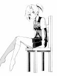  1girl absurdres blouse chair full_body gloves greyscale highres kantai_collection looking_at_viewer maikaze_(kantai_collection) monochrome pleated_skirt ponytail ribbon school_uniform short_hair simple_background sitting skirt smile socks solo tsukamoto_minori vest white_background 