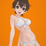  1girl :d arms_behind_back bikini breasts brown_eyes brown_hair chimaki_(u9works) cleavage front-tie_top girls_und_panzer groin hair_between_eyes koyama_yuzu looking_at_viewer medium_breasts navel open_mouth orange_bandeau short_hair side-tie_bikini smile solo strap_gap swimsuit white_bikini 