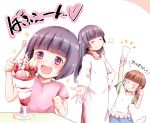  3girls black_hair brown_hair closed_eyes cowboy_shot glass gokou_hinata gokou_ruri gokou_tamaki herunin kappougi long_hair low_twintails mole mole_under_eye multiple_girls ore_no_imouto_ga_konna_ni_kawaii_wake_ga_nai parfait pink_shirt shirt short_hair siblings sisters spoon standing track_suit twintails upper_body violet_eyes 