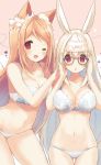  2girls :o animal_ears bangs bespectacled bra breasts cleavage commentary cowboy_shot cynthia_riddle extra_ears fox_ears glasses hair_ribbon heart long_hair looking_at_viewer medium_breasts milia_leclerc multiple_girls navel one_eye_closed open_mouth orange_hair original p19 panties rabbit_ears red_eyes ribbon sidelocks smile sparkle standing swept_bangs underwear very_long_hair white_hair 