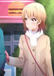  1girl absurdres blush brown_eyes brown_hair closed_mouth coat gloves highres isshiki_iroha kukie-nyan long_sleeves looking_at_another out_of_frame outdoors red_gloves short_hair smile solo yahari_ore_no_seishun_lovecome_wa_machigatteiru. 