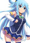  1girl aqua_(konosuba) bare_shoulders blue_eyes blue_footwear blue_hair blue_legwear blue_shirt blue_skirt boots bow detached_sleeves gotou_jin green_bow hair_ornament hair_rings kono_subarashii_sekai_ni_shukufuku_wo! long_hair shirt skirt smile thigh-highs thigh_boots zettai_ryouiki 