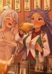  2girls alcohol beer beer_mug blouse blush breasts brown_hair closed_eyes collarbone dress_shirt drinking drunk hat highres jun&#039;you_(kantai_collection) kantai_collection large_breasts long_hair long_sleeves magatama mini_hat multiple_girls nude open_mouth pola_(kantai_collection) purple_hair red_shirt shirt smile soil_chopsticks spiky_hair violet_eyes white_blouse white_hat 