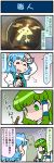  2girls 4koma artist_self-insert blue_hair comic commentary_request detached_sleeves frog_hair_ornament green_eyes green_hair hair_ornament hair_tubes highres japanese_clothes karakasa_obake kochiya_sanae long_hair long_sleeves mizuki_hitoshi multiple_girls nontraditional_miko one-eyed open_mouth photo plate shaded_face short_hair sigh skirt smile snake_hair_ornament sweat tatara_kogasa tongue tongue_out touhou translation_request umbrella wide_sleeves wiping_forehead 