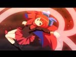  1girl arm_up boots bow capelet cato_(monocatienus) commentary_request covered_mouth hair_bow laser letterboxed long_sleeves looking_at_viewer pleated_skirt red_eyes red_skirt redhead sekibanki short_hair skirt solo touhou 