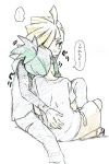  ... 2boys blonde_hair blush color_trace colored_pencil_(medium) gladio_(pokemon) green_eyes hair_over_one_eye hau_(pokemon) hood hoodie male_focus multiple_boys on_lap pokemon pokemon_(game) pokemon_sm shirt short_ponytail shorts sitting spoken_ellipsis t-shirt toshiharu_(s_narutoshi) traditional_media yaoi 