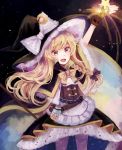  1girl adapted_costume belt blonde_hair braid candy capelet crescent crescent_moon_pin dress fingerless_gloves food gloves hair_ribbon hat jar kirisame_marisa konpeitou long_hair looking_up mozukuzu_(manukedori) open_mouth outstretched_hand ribbon sky smile solo star star_(sky) starry_sky touhou witch_hat yellow_eyes 