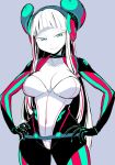  1girl bangs bodysuit breasts collar collarbone commentary electro_emilia grey_background hands_on_hips headgear ken_(koala) large_breasts leotard long_hair looking_at_viewer original skin_tight smile solo standing 