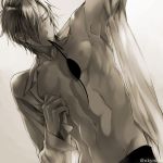  1boy abs adonis_belt dress_shirt dutch_angle eyepatch hair_over_one_eye mouth_hold navel nipples open_clothes open_shirt pectorals shirt shokudaikiri_mitsutada solo toned toned_male touken_ranbu twitter_username yellow_eyes 