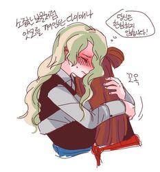  2girls blush commentary_request diana_cavendish hug kagari_atsuko korean little_witch_academia lowres multiple_girls translation_request 