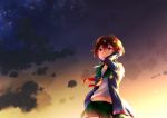  1girl brown_hair clouds cowboy_shot crescent crescent_moon_pin green_sailor_collar green_skirt jacket kantai_collection mutsuki_(kantai_collection) navel neckerchief night night_sky pleated_skirt red_eyes red_neckwear redhead remodel_(kantai_collection) satsumi school_uniform serafuku short_hair skirt sky solo sunrise 