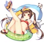  1girl :o arm_above_head azur_lane bandeau bangs bare_legs bare_shoulders bikini blunt_bangs breasts brown_hair collar fingernails full_body fur_collar hand_up highres innertube jacket knees_up leg_up long_sleeves looking_at_viewer lying mokyu panda ping_hai_(azur_lane) red_bikini red_eyes sandals short_hair_with_long_locks simple_background small_breasts solo swimsuit toenails towel twintails visor_cap white_background 