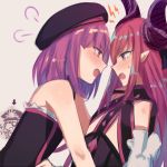  3girls aoki_shizumi bare_shoulders black_hat blue_eyes blush curled_horns demon_archer directional_arrow face-to-face fate/grand_order fate_(series) flat_chest from_side hat helena_blavatsky_(fate/grand_order) lancer_(fate/extra_ccc) long_hair multiple_girls open_mouth pink_hair pointy_ears purple_hair short_hair tears upper_body violet_eyes yuri 