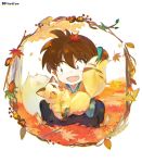 1boy :d atsumi_jun autumn_leaves brown_hair child creature day eyebrows_visible_through_hair food framed hair_between_eyes holding inuyasha kirara_(inuyasha) leaf leaf_on_head long_hair long_sleeves looking_at_another male_focus maple_leaf open_mouth outdoors ponytail sanpaku shippou_(inuyasha) slit_pupils smile squatting tree wagashi 
