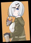  1girl absurdres alternate_costume black_gloves blue_eyes breasts coffee_cup collared_shirt cup eating food gloves green_jacket hair_ornament hair_over_one_eye hairclip hamakaze_(kantai_collection) highres holding holding_cup holding_food hood hood_down jacket kantai_collection kirishina_(raindrop-050928) large_breasts looking_at_viewer shirt short_hair silver_hair solo sweet_potato upper_body wavy_mouth 