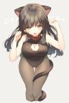  1girl :o animal_ears arm_up bangs bare_arms bare_shoulders black_hair black_legwear black_leotard blush breasts cat_cutout cat_ears cat_girl cat_tail cleavage cleavage_cutout clenched_hands collar commentary_request eyebrows_visible_through_hair fang grey_background hand_up head_tilt kurokuma_(kuro_kumagaya) large_breasts leaning_forward leotard long_hair looking_at_viewer original pantyhose parted_lips red_collar simple_background sleeveless solo standing tail thigh_gap translation_request very_long_hair yellow_eyes 