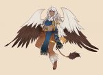  1girl animal armband bangs bare_shoulders bird_wings blush braid breasts claws closed_mouth dark_skin feathered_wings feathers flying full_body fur fur_collar grey_eyes griffon_(monster_girl_encyclopedia) holding holding_animal jewelry legband lion_tail long_hair looking_at_viewer manosdetrapo midriff monster_girl monster_girl_encyclopedia mouse multicolored multicolored_wings navel paws pelvic_curtain pink_background silver_hair simple_background solo tail under_boob wings 