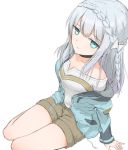  1girl aqua_eyes braid casual ifpark_(ifpark.com) kagami_masara magia_record:_mahou_shoujo_madoka_magica_gaiden mahou_shoujo_madoka_magica off_shoulder shorts v-neck white_hair 