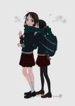  2girls :o artist_name bag bag_charm black_footwear black_hair black_legwear brown_footwear brown_hair charm_(object) commentary_request from_side full_body green_scarf grey_background hair_ornament hair_scrunchie himaro hug hug_from_behind jacket loafers long_hair long_sleeves looking_at_another looking_at_viewer looking_back multiple_girls open_mouth original pantyhose plaid plaid_skirt red_eyes scarf school_bag school_uniform scrunchie shared_scarf shoes short_hair short_twintails signature simple_background skirt socks standing steam stuffed_animal stuffed_toy teddy_bear twintails white_legwear yellow_eyes yuri 