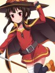  bandage bandaged_leg belt black_gloves black_hair black_legwear cape collar dress fingerless_gloves gloves gotou_jin hat holding holding_staff kono_subarashii_sekai_ni_shukufuku_wo! megumin mismatched_legwear red_dress red_eyes short_hair_with_long_locks single_thighhigh staff thigh-highs witch_hat 