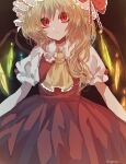  1girl absurdres artist_name ascot blonde_hair brown_bag closed_mouth cowboy_shot crystal flandre_scarlet frilled_ascot frilled_shirt_collar frills glowing glowing_wings hair_between_eyes hat head_tilt highres hina_(meru-yagami) long_hair looking_at_viewer mob_cap multicolored_wings puffy_short_sleeves puffy_sleeves red_eyes red_skirt red_vest shirt short_sleeves simple_background skirt skirt_set solo touhou vest white_headwear white_shirt wings yellow_ascot 