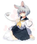  1girl alternate_costume animal_ears bangs basket black_skirt brown_eyes eyebrows_visible_through_hair full_body grey_hair kasuka_(kusuki) long_sleeves looking_at_viewer mouse_ears mouse_tail nazrin neckerchief open_mouth pleated_skirt school_uniform serafuku short_hair sitting skirt solo tail thigh-highs thigh_gap touhou white_background white_legwear yokozuwari zettai_ryouiki 