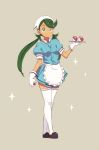  1girl alternate_costume black_footwear blend_s cosplay dark_skin drawfag full_body gloves green_eyes green_hair hair_ornament highres holding holding_poke_ball long_hair looking_at_viewer mallow_(pokemon) poke_ball pokemon pokemon_(game) pokemon_sm smile solo standing thigh-highs twintails waitress white_gloves white_legwear 