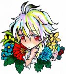  1boy ahoge bangs eyebrows_visible_through_hair fate/apocrypha fate_(series) floral_background flower kanezuru-kun looking_at_viewer male_focus red_eyes short_hair sieg_(fate/apocrypha) solo solo_focus with_ribbon 