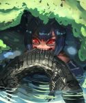  1girl animal blood borrowed_character bow_(bhp) commentary_request crocodile crocodilian giant_otter_(kemono_friends) grey_hair kemono_friends looking_at_viewer mouth_hold original partially_submerged sharp_teeth short_hair solo teeth v-shaped_eyebrows water 