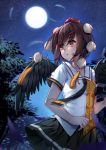  1girl absurdres aer_(tengqiu) bangs bare_arms black_neckwear black_skirt black_wings brown_hair feathered_wings feathers full_moon hair_ornament hairclip hat highres looking_to_the_side miniskirt moon necktie night night_sky outdoors parted_lips pleated_skirt pom_pom_(clothes) red_eyes shameimaru_aya shirt skirt sky solo star_(sky) starry_sky tassel tokin_hat touhou tree white_shirt wings 
