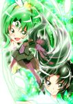  3girls :d arched_back bike_shorts bow choker circlet cure_march green green_background green_bow green_eyes green_hair green_neckwear green_shorts green_skirt henshin long_hair looking_at_viewer magical_girl midorikawa_nao multiple_girls multiple_persona open_mouth ponytail precure shoes short_hair shorts shorts_under_skirt skirt smile smile_precure! white_footwear yuto_(dialique) 