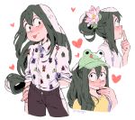  1girl alternate_hair_length alternate_hairstyle animal_hat asui_tsuyu baseball_cap black_hair blush boku_no_hero_academia breasts casual collage commentary constricted_pupils fashion flower frog_girl frog_hat hair_bun hair_flower hair_ornament hat heart long_hair low-tied_long_hair rii_abrego sleeves_pushed_up small_breasts solo 