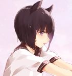  1girl animal_ears bangs black_hair blush bob_cut closed_mouth fox_ears from_side lips manatsuki_manata original purple_background school_uniform serafuku short_hair short_sleeves sidelocks simple_background solo upper_body violet_eyes 