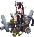  1girl bare_shoulders black_hair breasts broken broken_weapon cannon closed_eyes full_body hair_bun hair_ornament japanese_clothes kimono large_breasts long_hair nijou_(oshiro_project) official_art oshiro_project oshiro_project_re ponytail shachihoko side_ponytail sitting solo sw transparent_background weapon 