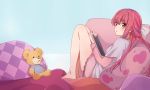  1girl blush brown_eyes eyebrows_visible_through_hair highres kukie-nyan long_hair looking_at_viewer parted_lips redhead rin_(shelter) shelter_(music_video) sitting solo stuffed_animal stuffed_toy tablet teddy_bear 