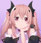  1girl absurdres bare_shoulders blush brown_eyes closed_mouth collarbone eyebrows head_in_hand highres krul_tepes kukie-nyan long_hair owari_no_seraph pointy_ears solo twintails upper_body vampire 