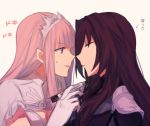  2girls aoki_shizumi blush breasts cleavage closed_eyes face-to-face fate/grand_order fate_(series) from_side gloves long_hair marker medb_(fate/grand_order) multiple_girls open_mouth pink_hair profile purple_hair scathach_(fate/grand_order) short_sleeves sidelocks sleeping tiara translated trembling white_gloves yellow_eyes yuri 