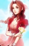  1girl aerith_gainsborough ariuemi braid breasts brown_hair dress final_fantasy final_fantasy_vii green_eyes jacket long_hair looking_at_viewer pink_ribbon ponytail ribbon solo 