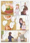  2girls :d ^_^ bowl brown_hair closed_eyes comic cup facing_another food from_behind from_side hidden_eyes kitchen light_brown_hair long_hair medium_hair mug multiple_girls open_mouth original profile satsuma_age smile soup translation_request tray 