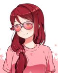  1girl blush eyebrows_visible_through_hair hair_ornament hair_over_shoulder hair_scrunchie hey_xander long_hair looking_to_the_side love_live! love_live!_sunshine!! low-tied_long_hair pink_shirt redhead sakurauchi_riko scrunchie shiny shiny_hair shirt smile solo star starry_background sunglasses t-shirt upper_body yellow_eyes 