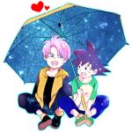  2boys black_eyes black_hair blue_eyes dragon_ball dragonball_z heart jacket long_sleeves looking_at_another male_focus multiple_boys open_mouth pants purple_hair rochiko_(bgl6751010) shoes short_hair simple_background sitting son_goten spiky_hair trunks_(dragon_ball) umbrella white_background 