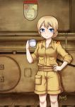  1girl absurdres artist_name bangs bare_legs belt blonde_hair blue_eyes braid cup darjeeling desert_pattern emblem eyebrows flower girls_und_panzer ground_vehicle highres holding holding_cup jacy machinery military military_vehicle motor_vehicle shorts sleeves_folded_up smile solo tank teacup teapot tied_hair twin_braids uniform upper_body 